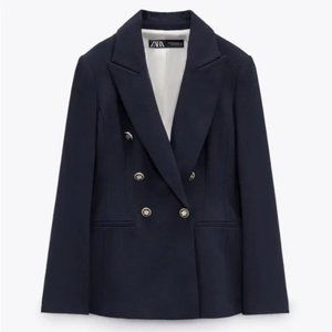 ZARA Tailored Double Breasted Blazer Navy Blue NWT Size Small